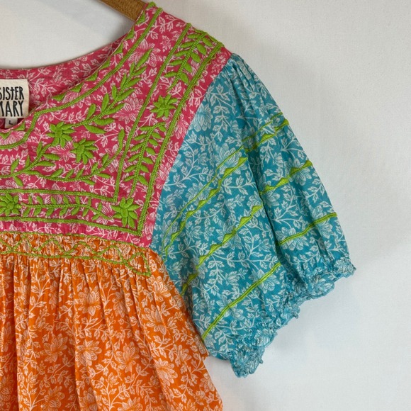 Sister Mary Patsy Embroidered Floral Patchwork Top Puff Sleeve Womens Large - Picture 8 of 9